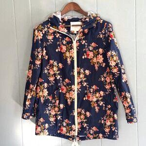 Floral‎ Hooded Jacket Cotton Spring Windbreaker S Navy Lightweight Shabby Chic